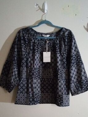 Garnet Hill Navy and White Patchwork Print Peasant Blouse